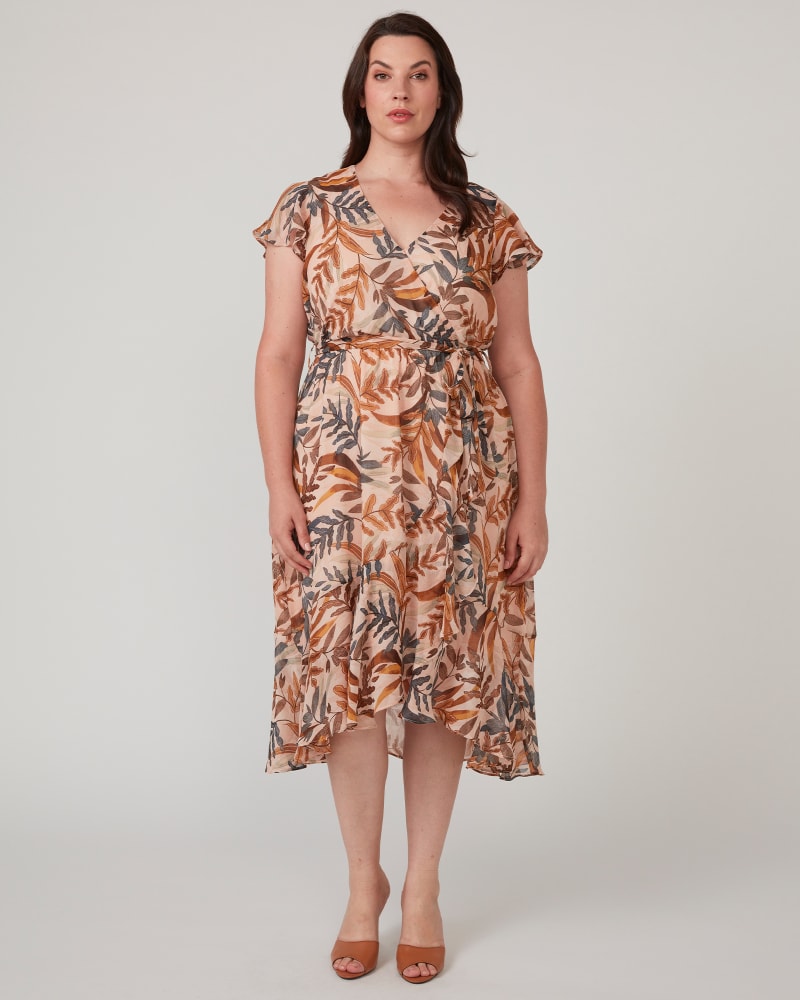 Front of a model wearing a size 24W Tropic Leaves Dress in Print by Estelle. | dia_product_style_image_id:363547